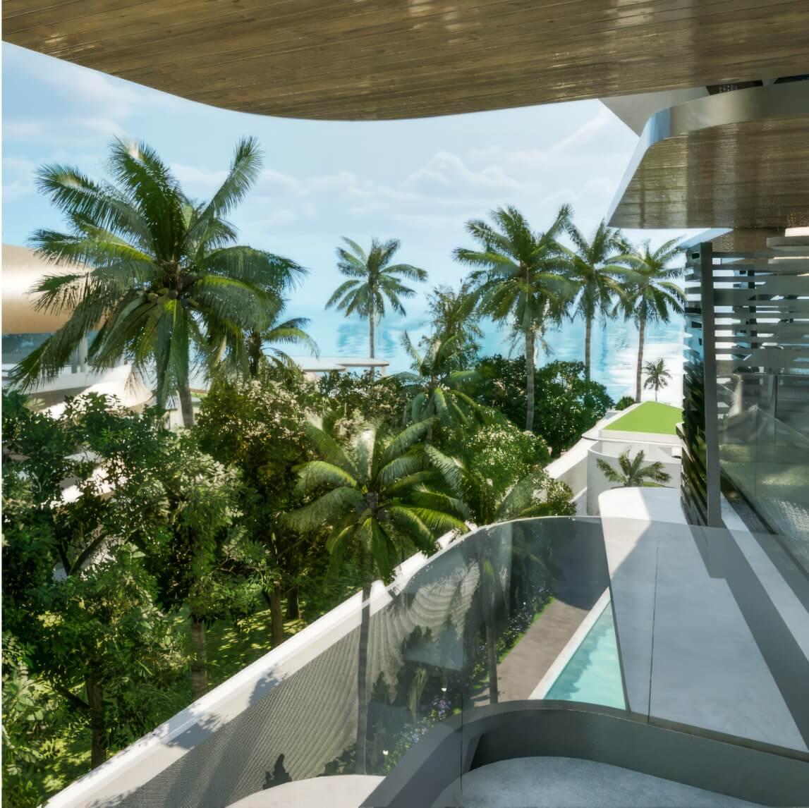 Vue sur l’océan et la côte tropicale depuis un balcon, Magnum Resort Sanur