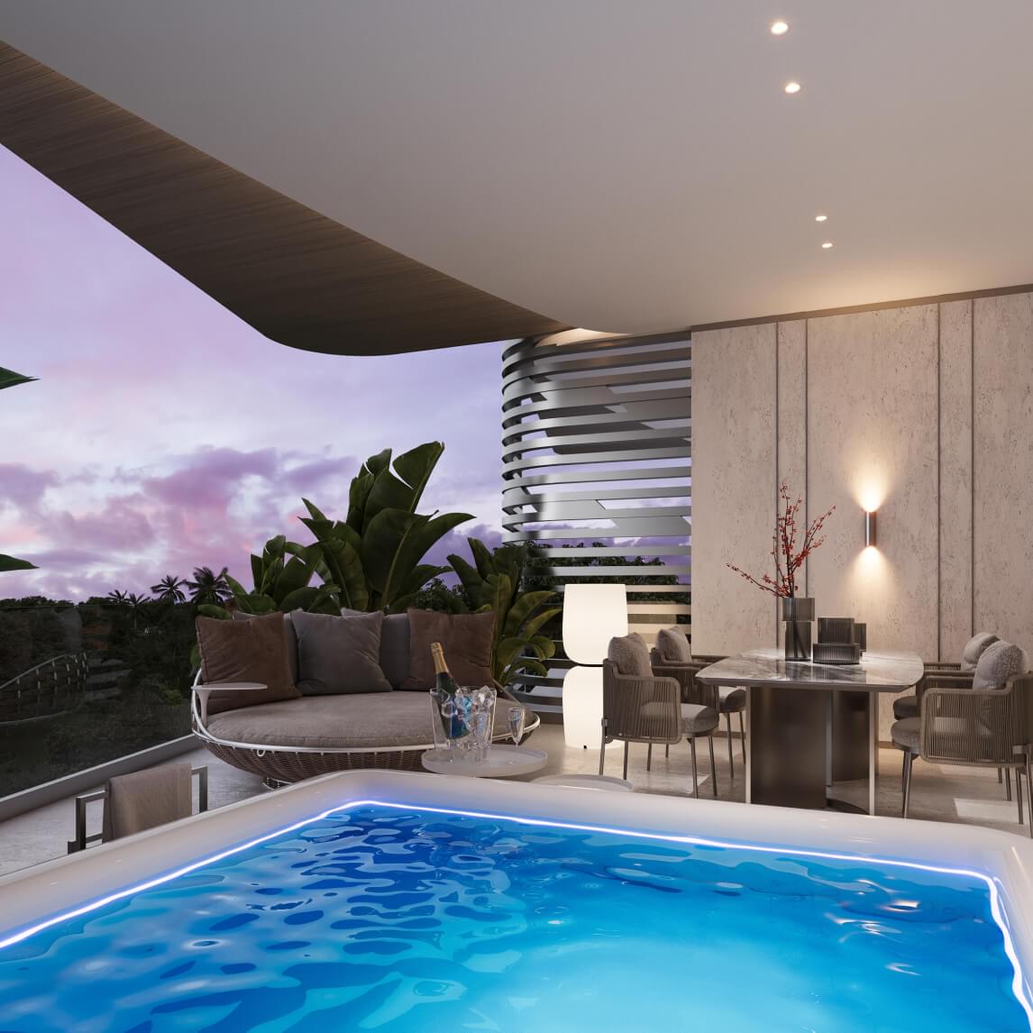 Jacuzzi privatif sur la terrasse d’un appartement au crépuscule, Magnum Resort Sanur