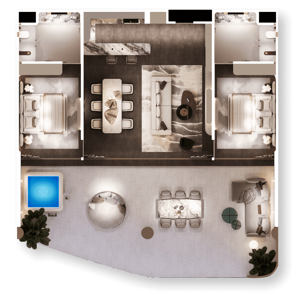 Plan d’un appartement deux chambres, 202 m², Magnum Resort Sanur